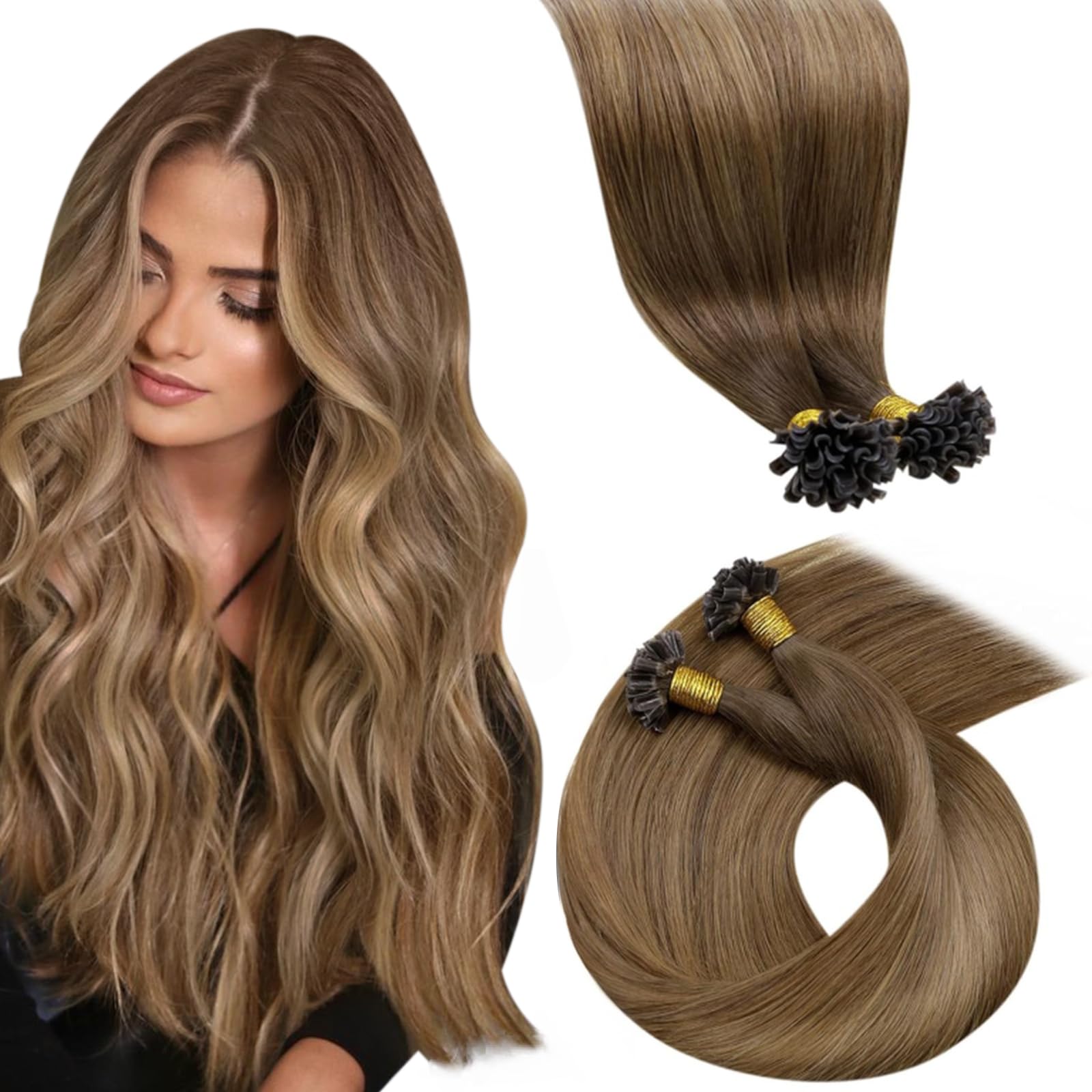 LaaVoo Real Human Hair Extensions U Tip Brown, Remy Straight Balayage Brown Shadows Real Hair Extensions, Hot Fusion for Invisible & Stable 50s 50g 22 Inch #6/8/14 — image 1