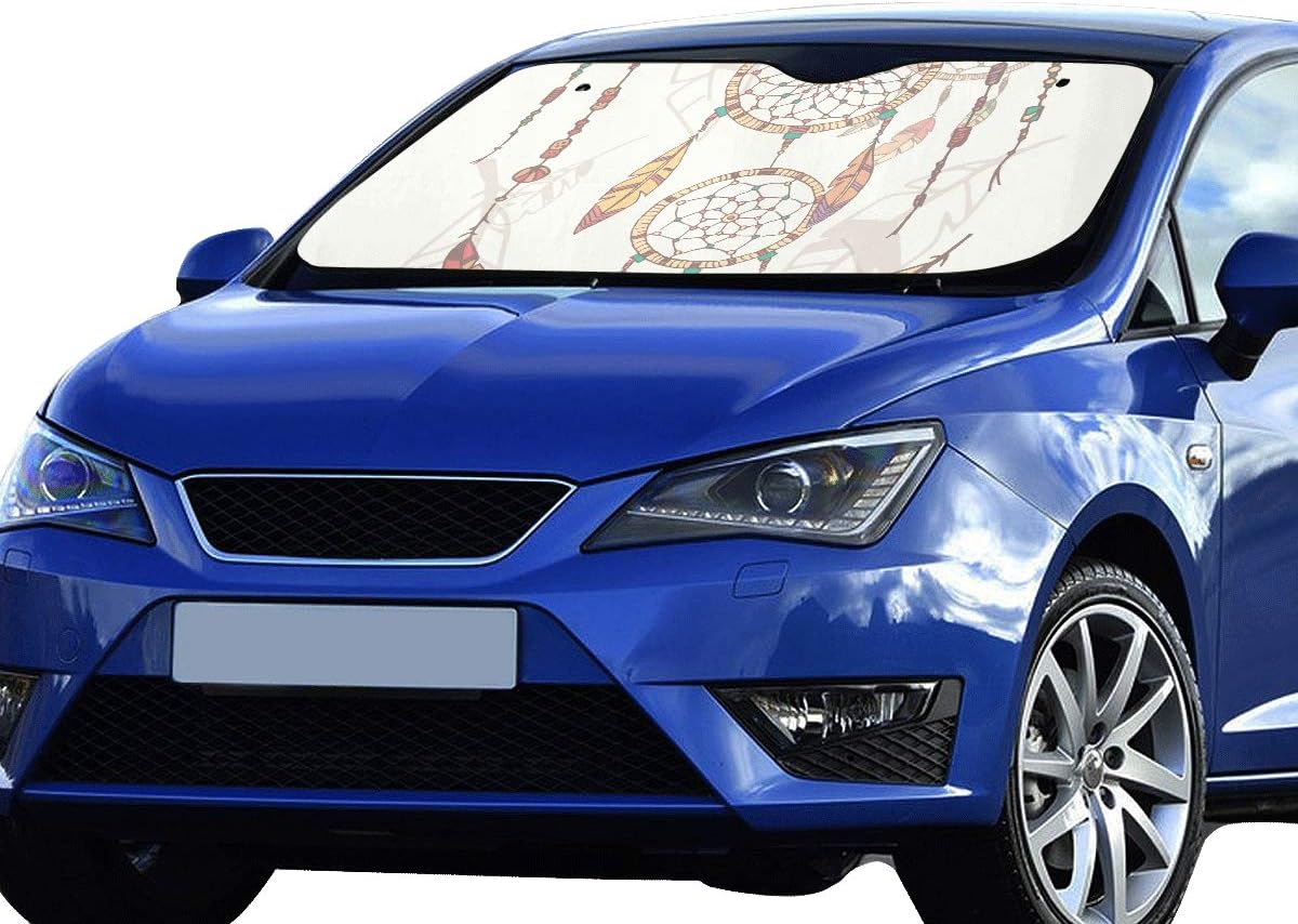 Car Windshield Sun Shade Design Hand Drawn Native American Dream Catcher Beads an Polyester&aluminized Film Cushion for Maximum Uv & Sun Protection Art Windshield Sun Shade Foldable Keep Cool