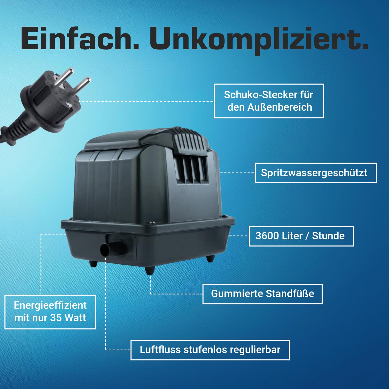 Teichbelüfter 3600 L/H stufenlos regulierbar, 35 Watt Sauerstoffpumpe für Teich, Membranpumpe 60 L/Min, Teichbelüftung, Luftpumpe Teich, Belüfterpumpe für Gartenteiche, Teichbelüftungspumpe 5