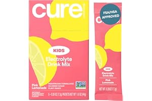 Cure Hydration - Kids Electrolyte Drink Mix | Plant-Based Pediatrician Formulated Rehydration | No Added Sugar, Non-GMO, Gluten-Free, No Artificial Flavors, FSA-HSA | Box of 6 Packets - Pink Lemonade