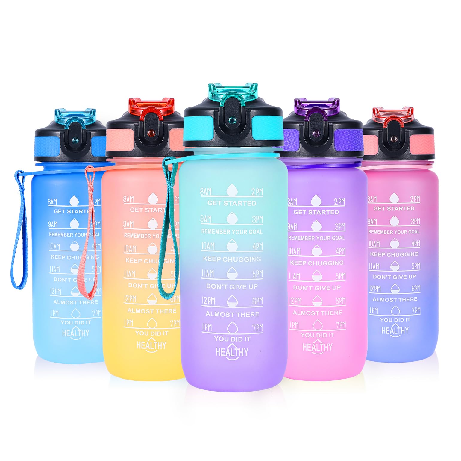 SUPPRUI Water Bottles with Straw,600ml Kids Water Bottle with time markings,Motivational Drink Bottles Leakproof and BPA-free (Green)