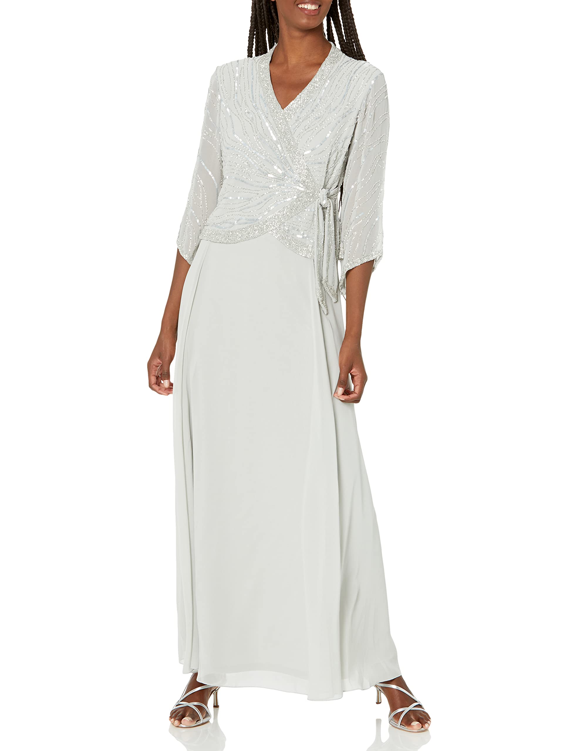 J Kara Women's Long 3/4 Sleeve V-Neck Beaded Faux