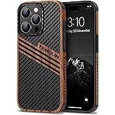 TENDLIN Compatible with iPhone 15 Pro Max Case Wood Grain with Carbon Fiber Texture Design Leather Hybrid Slim Case (Three Stripe)