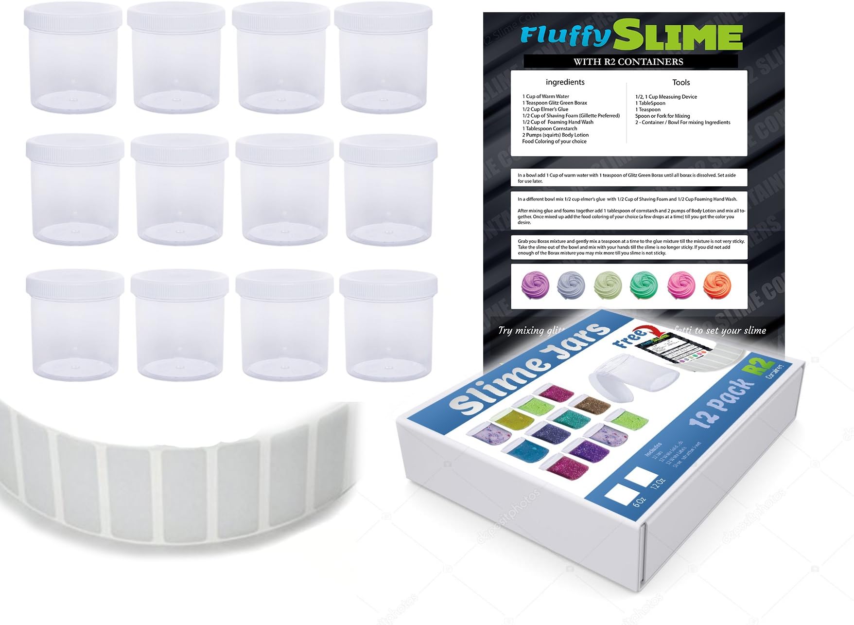 Reusable 12 Pack Empty 6oz Wide-Mouth Clear Plastic Storage jar Containers White Solid Screw on Cap Style Lids Making Storing Slime,Foam Ball,Glue,Putty,Glitter,Styrofoam,Hobbies and Office Supplies