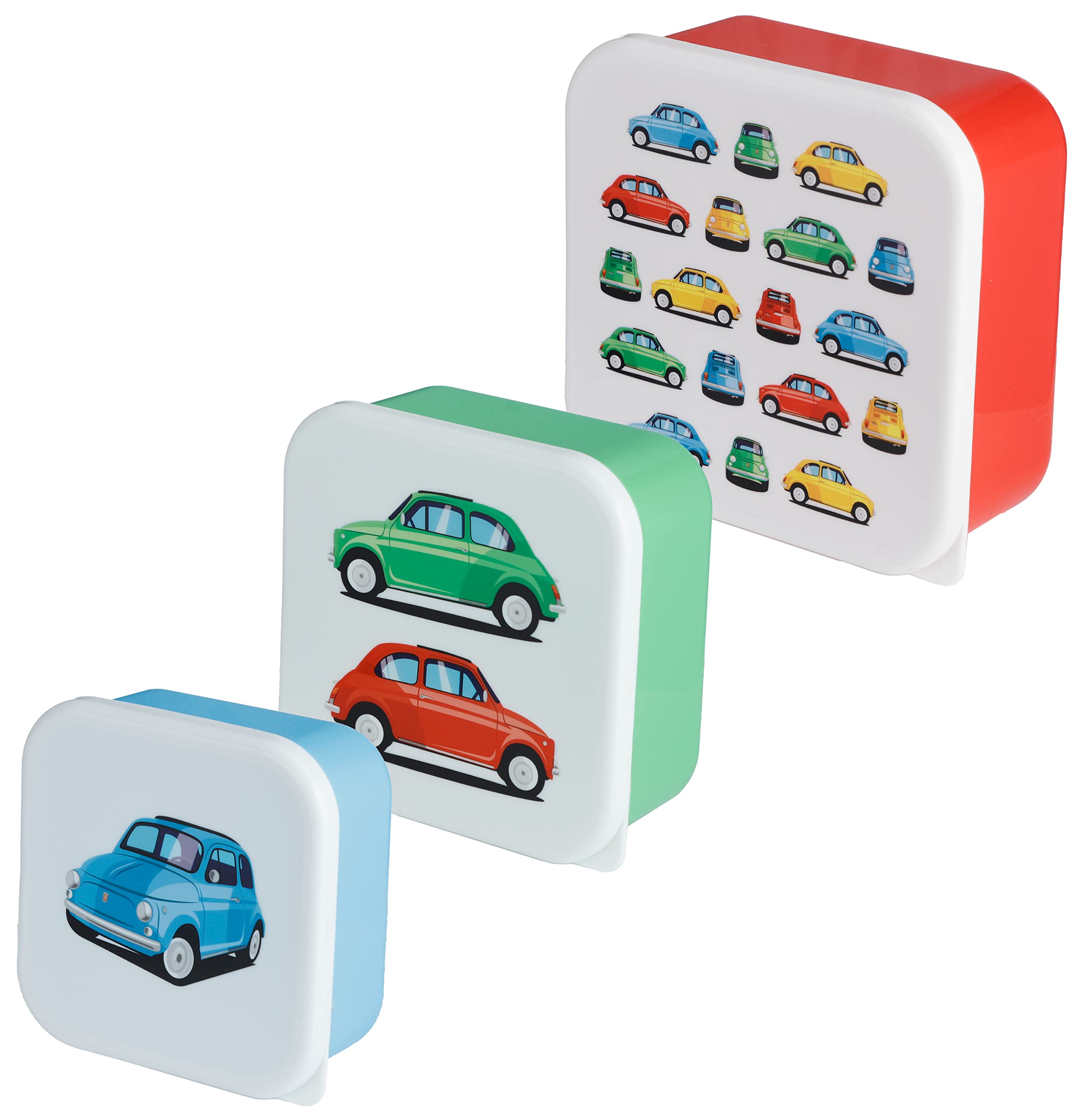 Puckator Retro Fiat 500 Set of 3 Lunch Box Snack Pots M/L/XL - Lunchbox with Multi Compartments - Small Food Containers - Lunchbox for Adults and Kids - Girls Boys Lunchbox - Snack Storage