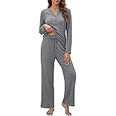 OUGES 100% Cotton Womens Maternity Nursing Pajamas Sets 2 Piece Pregnancy Delivery Postpartum Lounge Pjs with Pockets