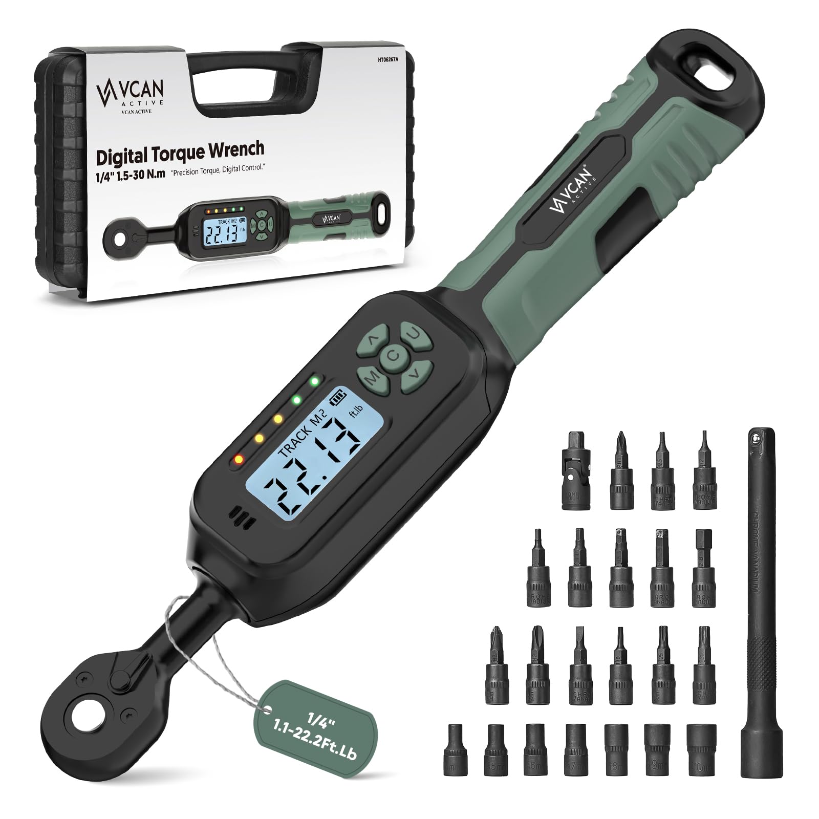 Photo 1 of 1/4 Torque Wrench Digital(1.1-22.2Ft.Lb) ±2% Accuracy Digital Torque Wrench 1/4 Drive with Buzzer and LED Flash Track Mode Inch Pound Torque Wrench Set with Bits & Sockets for Bike Moto Gunsmithing