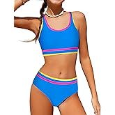 Actglow Girls Swimsuit Double Strap High Waisted Sporty 2 Piece Bikini Sets Swimwear Bathing Suits for Girls Swimsuits