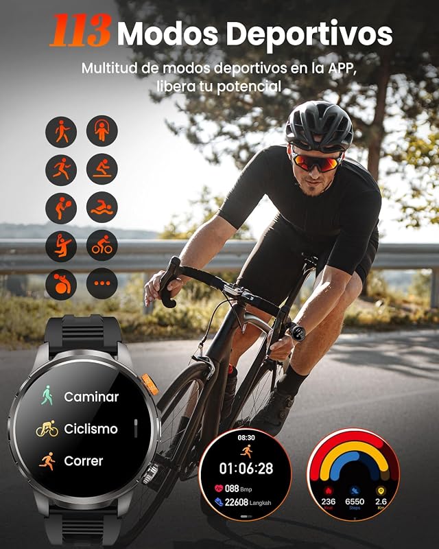 Reloj Inteligente Hombre con 1000mAh Batería y Linterna, Negro — foto 5 de 8