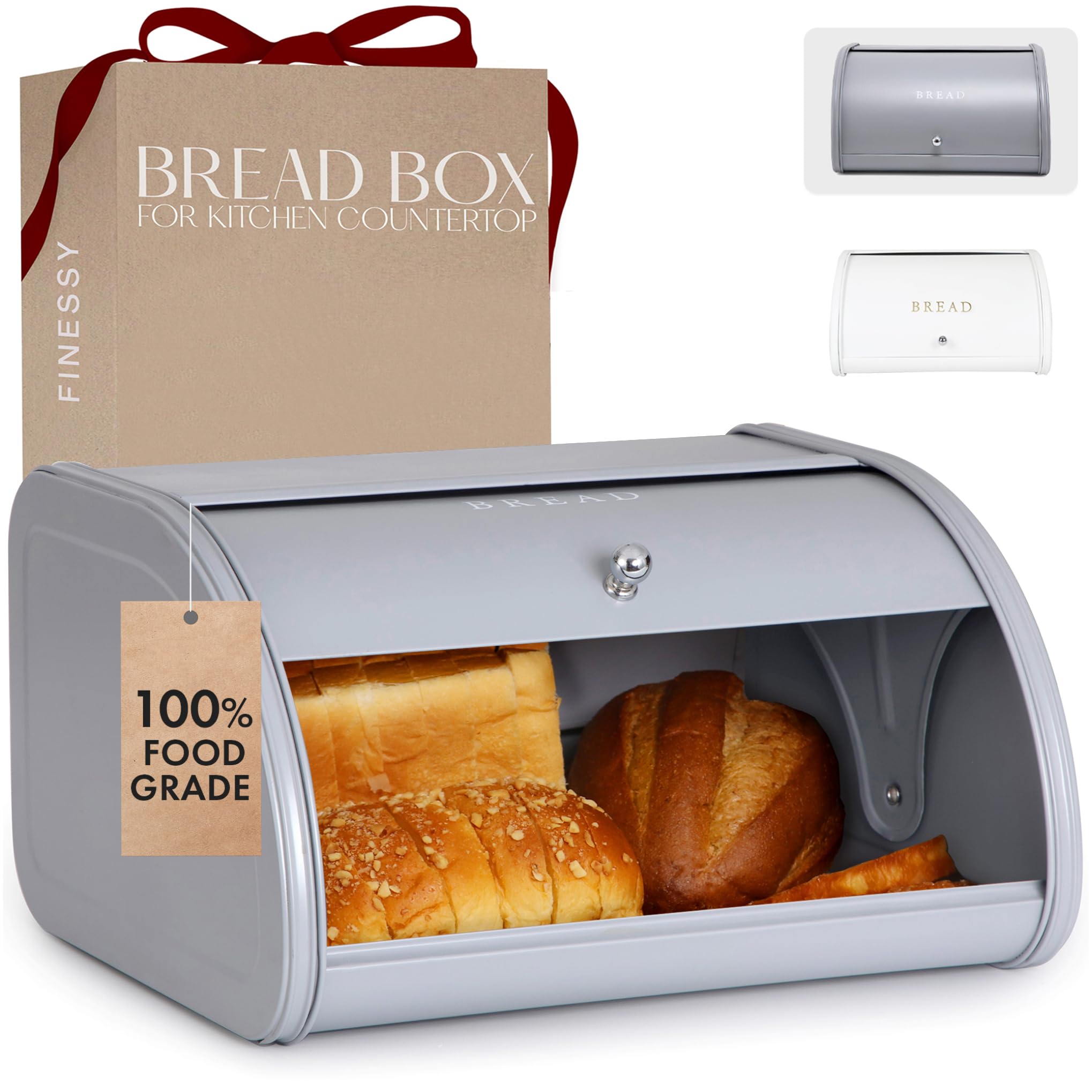 Photo 1 of FINESSY Modern Metal Bread Box for Kitchen Countertop, Farmhouse Homemade Loaf Bread Storage Bin Holder for Kitchen Counters Organizer, Airtight Roll Top Sourdough Corner Breadbox Container Keeper
