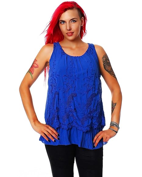 Moda Italy Damen 2-LAGIGE Ärmellose Bluse Shirt Top Loose Fit Baumwolle Viskose Oberteil Häkelmuster Rundhals Einheitsgrösse