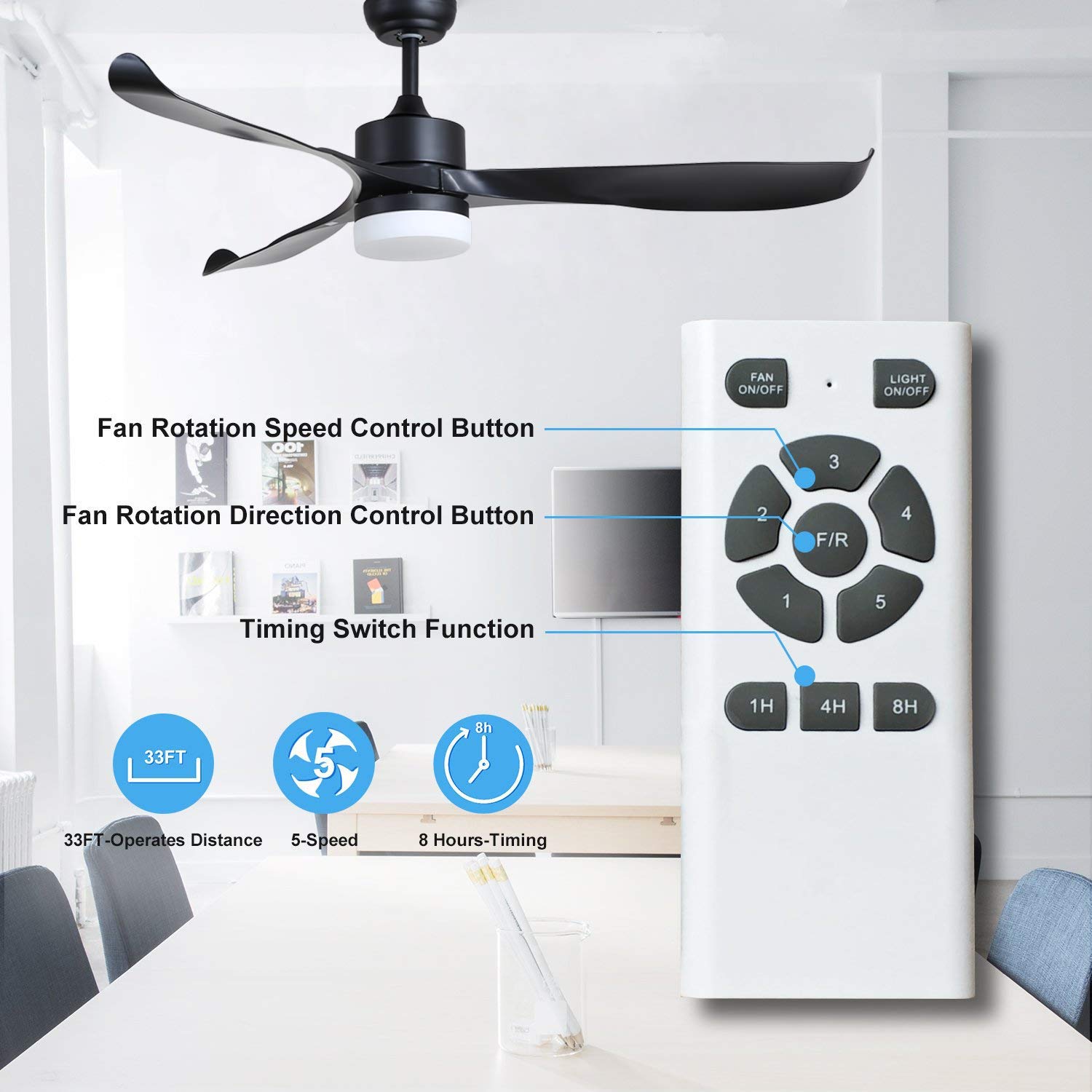 Indoor Ceiling Fan with LED Light and Remote Control, Noiseless and Reversible, DC Motor Ceiling Fan Light for Bedroom Living Room Dining Room (56inch, Black)