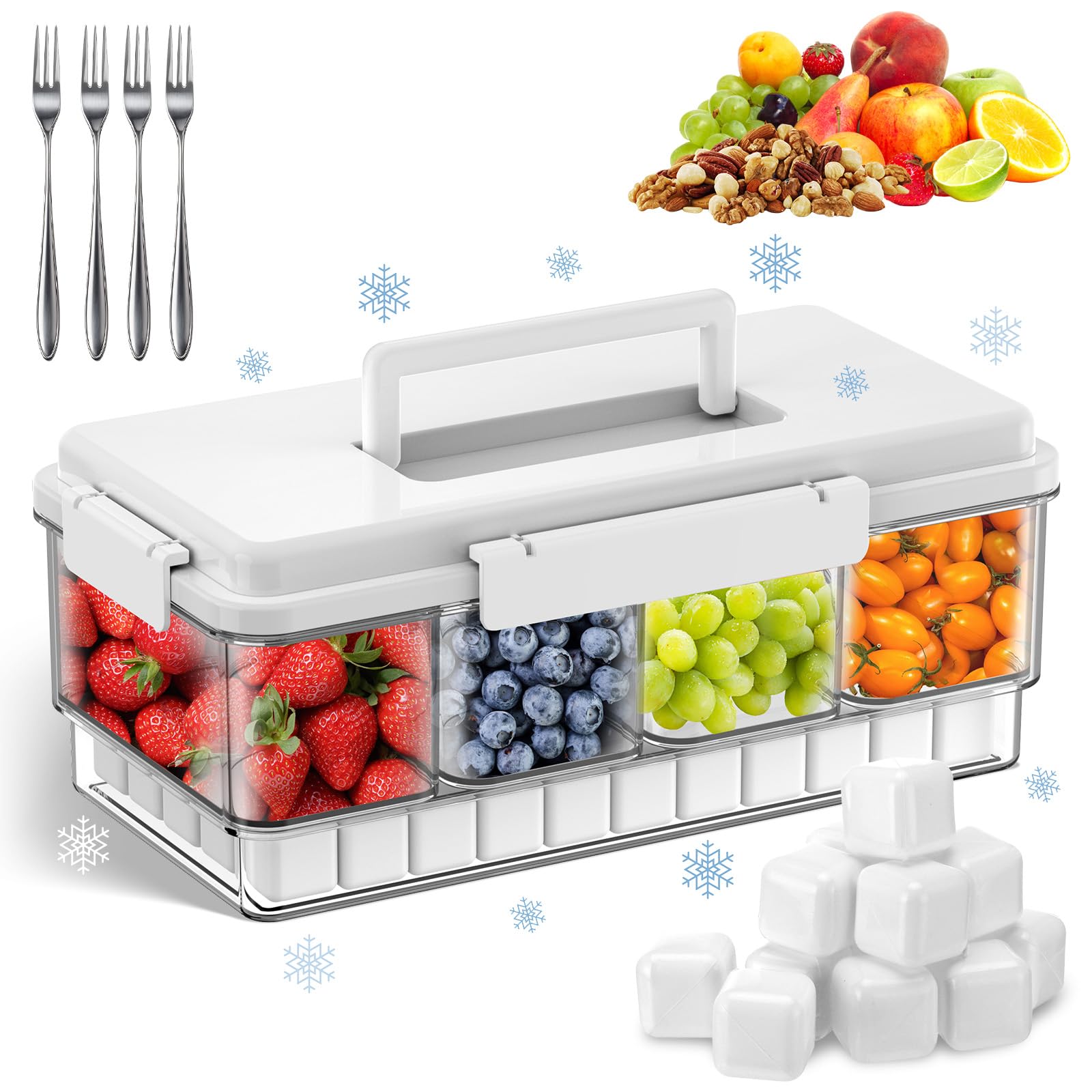 Photo 1 of **
THE LID IS BROKEN ON THE RIGHT SIDE. **Palksky Snackle Box Container with Ice Pack, Travel Snack Container with Handle, Chilled Portable Divided Serving Tray with Lid, 4 Compartment Snack Box for Fruits,Veggies,Snacks,Keep Food Cold