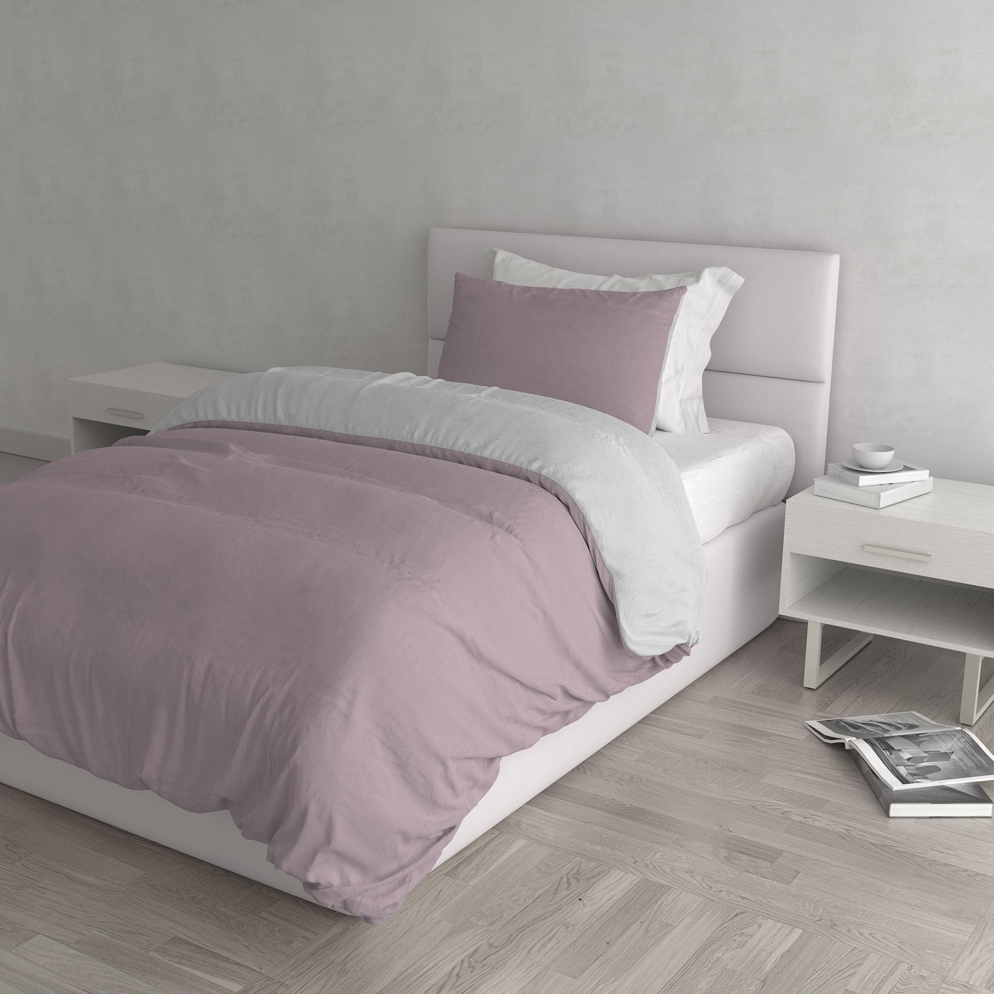 Italian Bed Linen Natural Color Duvet Cover Set with Doubleface Solid Colour Bag Sheet and Pillowcase, Misty Rose/Light Gray, single