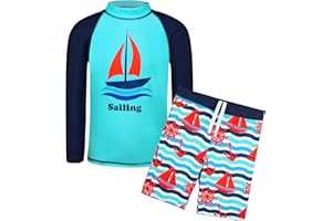 TFJH E Kids Boys UPF 50+ UV Swimwear Sun Protective Long Sleeve Two Piece Swimsuit