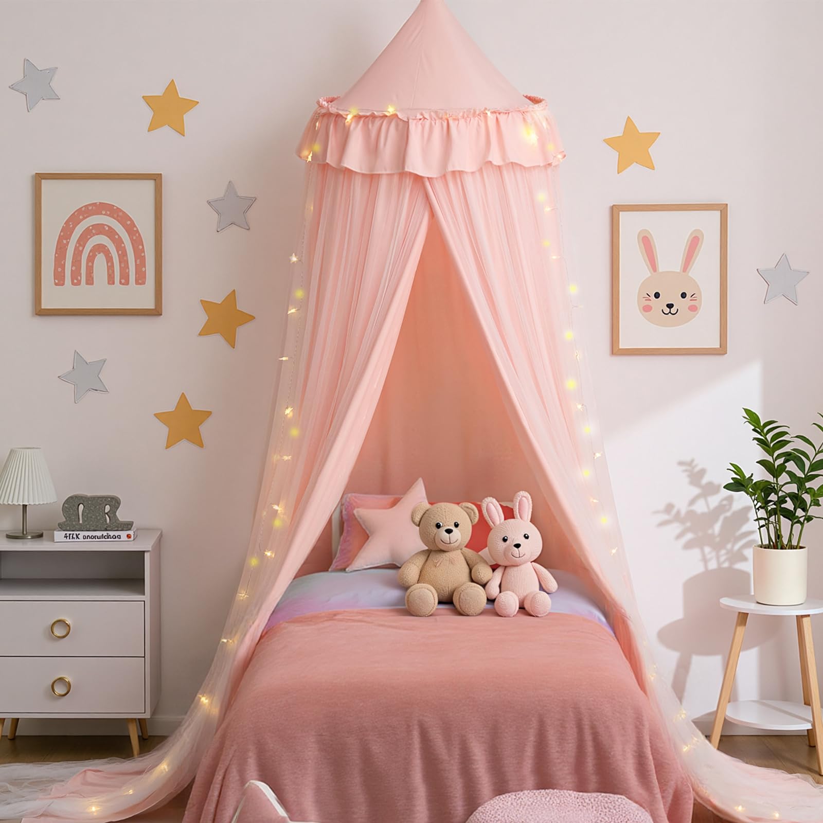 Photo 1 of YEERSWAG Bed Canopy for Girls, Double Layer Bed Canopy with Star Lights, Twin Size Canopy Bed Curtain for Children Princess Play Tent Bedroom Decoration Castle Reading Nook, Pink