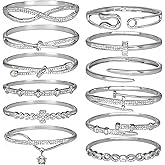 12 Pack Women's Zinc Alloy Gold/Silvery Bangle Bracelet Jewelry Bulk Set with Infinity Symbol, Safety Pin, Cross, Pearl, Clover, Star Pendant & Rhinestone Designs - For Daily Wear, Special Occasions & Women Gift for Her, Girlfriend, Wife, Mom, Sister, Lover on Birthday, Christmas, Valentine's Day, Mother's Day