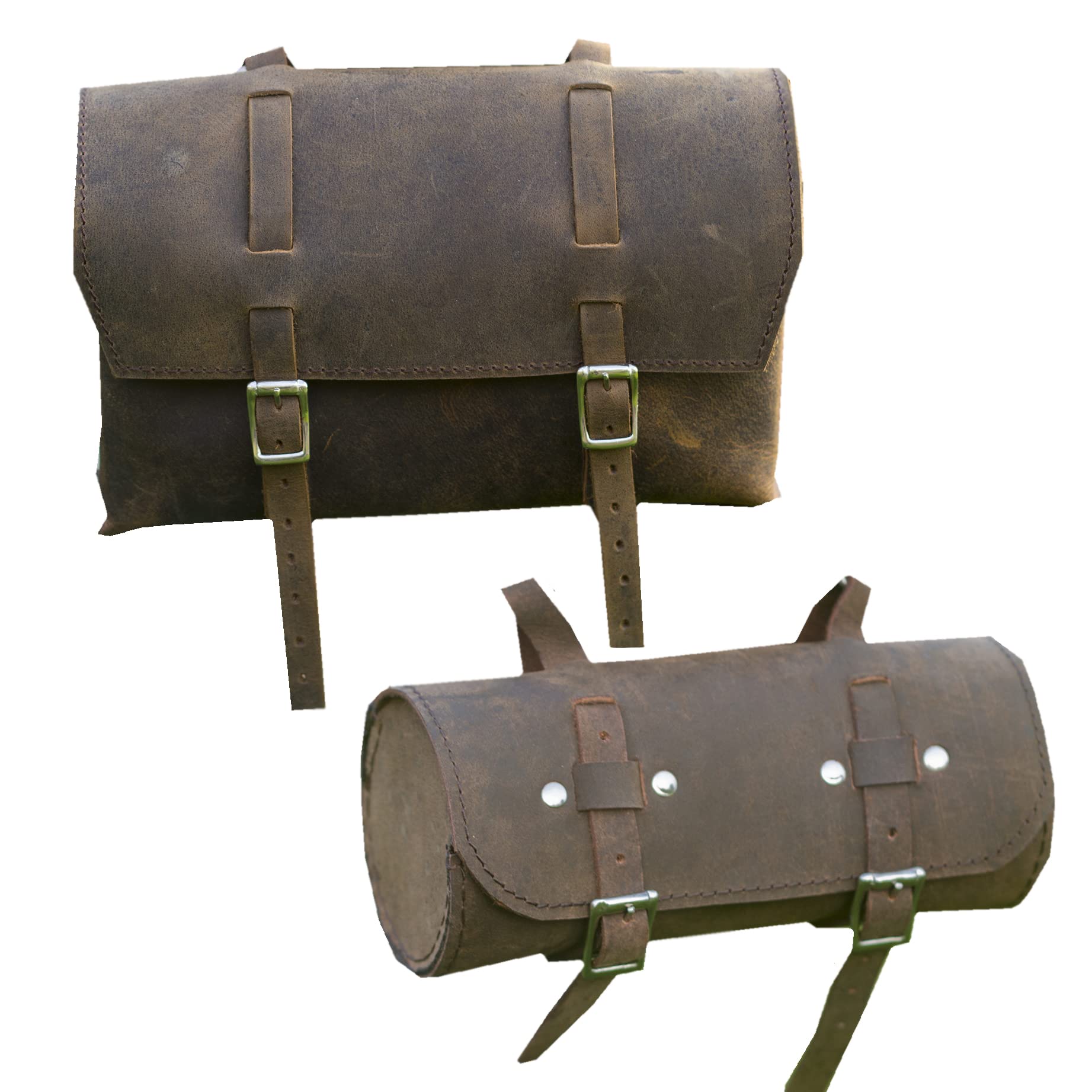 London Craftwork 2 in 1 Bike Leather Bag Set (Saddle Handlebar Bags) in Vintage Brown