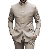 CKGJLJ Men's Chinese Suit Slim Fit 2 Piece Mandarin Collar Suit for Wedding | Chinese Suits for Men Charcoal Grey Zhongshan Suit Men Stand Collar Gold Metal Buckle Halloween Outfits Blazer Pants Suits