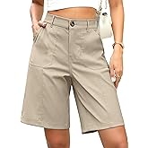ELLEVEN Bermuda Shorts for Women Elastic Waist Dressy High-Waisted Knee-Length Summer Casual Shorts with Pockets
