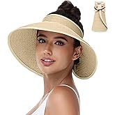 Sun Hats Visor for Women, UV UPF Straw Beach Hat Foldable Wide Brim Ponytail Summer Hats Packable Travel