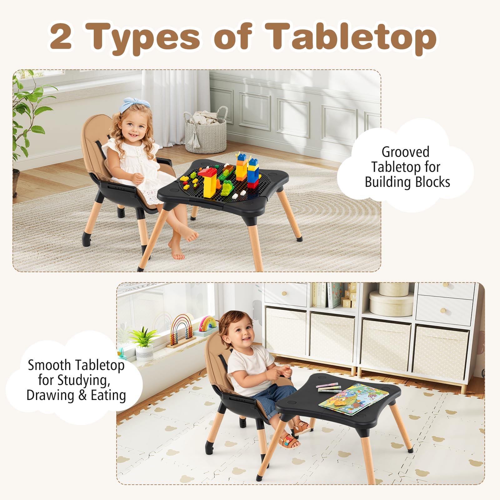 BABY JOY 6 in 1 High Chair, Convertible High Chairs for Babies and Toddlers/Booster Seat/Table and Chair Set, Infant Wooden Highchair w/ 5-Point Harness, 4-Position Removable Tray & PU Cushion, Coffee