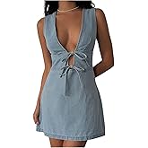 SOLY HUX Women's Denim Mini Dress Deep V Neck Bow Tie Front Sleeveless A Line Summer Jean Dresses