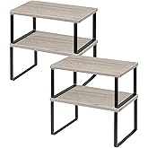 NEX Kitchen Cabinet and Counter Shelf Organizer, Shelf Riser for Pantry Countertop Cupboard Desk Top, Stackable & Expandable, Set of 4, Black and Greige