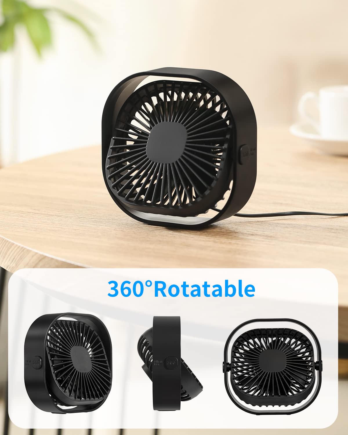 RJVW 4 Inch Small USB Desk Fan, 3-Speed Portable & 360°Rotatable Mini Cooling Fan, USB-Powered Desktop Fan for Home Office Bedroom Dorm Indoor Outdoor Summer Gift