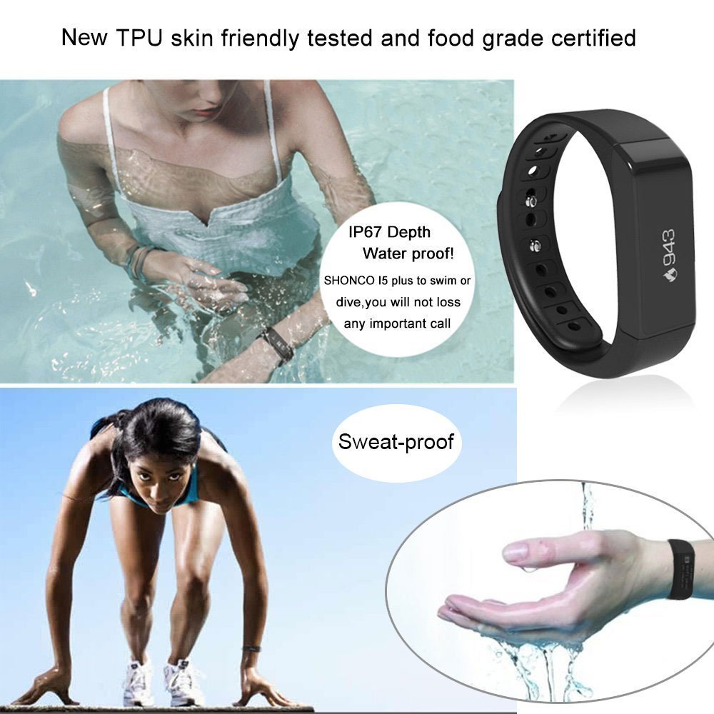 SinoPro i5 Plus Smart Bracelet Fitness Tracker Smart Wristband Bluetooth Activity Tracker with Waterproof Touch Screen Pedometer Sleep Monitor for iPhone, Samsung and other Smartphones (Black)