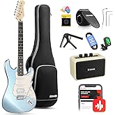 Donner DST-152R Electric Guitar, 39" Beginner Electric Guitar Kit, HSS Pickup with Coil Split, Guitar Starter Set with Amp, Bag, All Accessories, Metallic Ice Blue