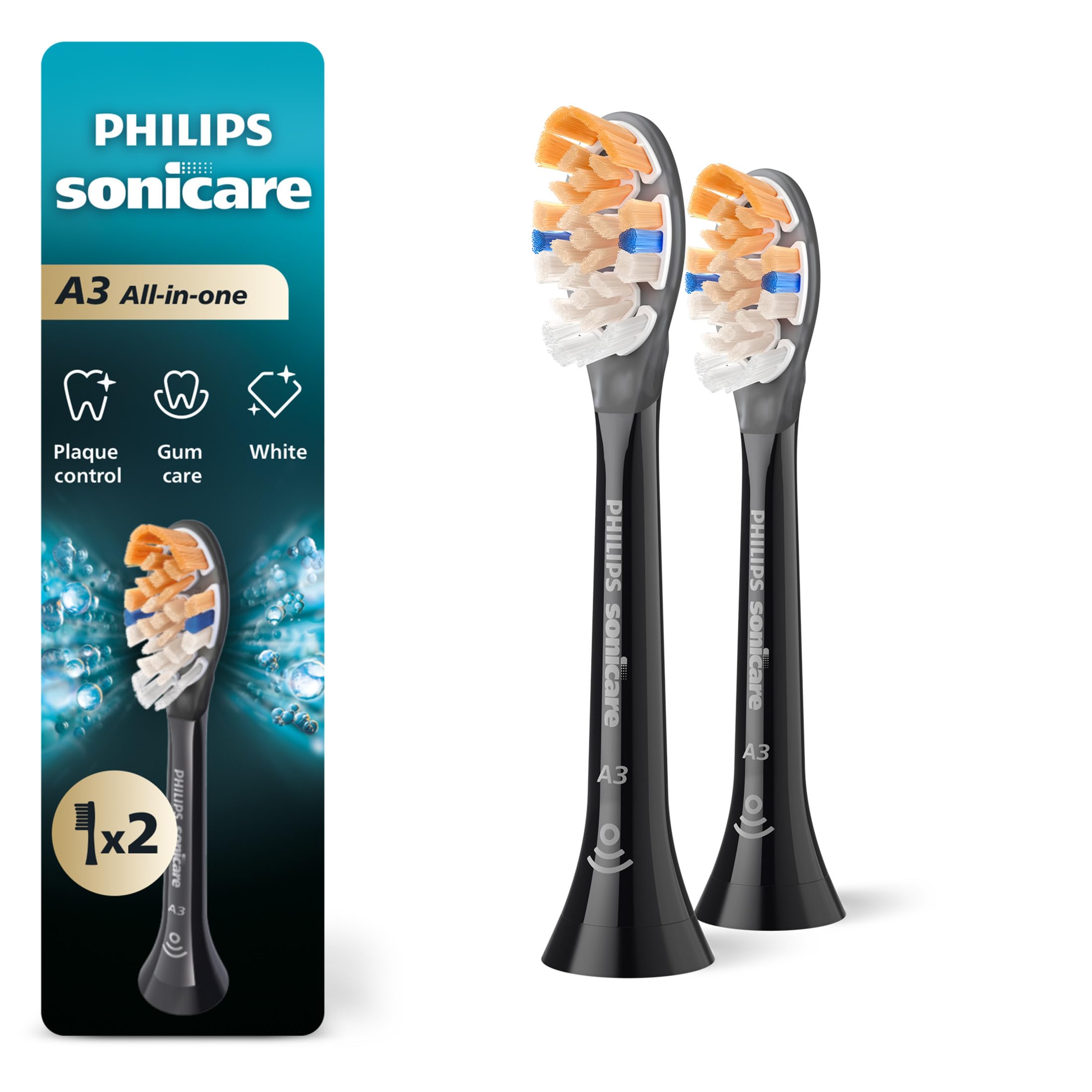 Philips Sonicare A3 All-in-One Brush Heads, 2-Pack, 6 Month Supply, Black