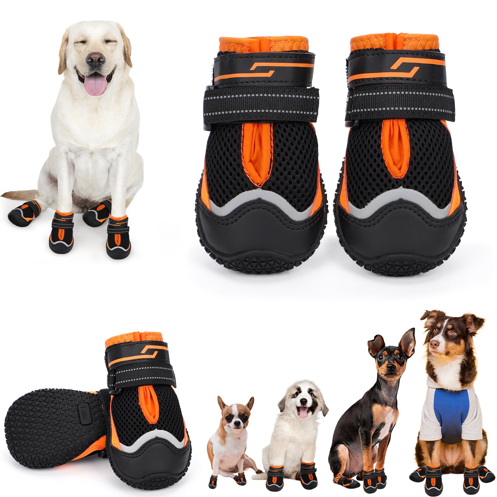 Photo 1 of Dog Shoes for Hot Pavement,Dog Boots & Paw Protectors for Large Medium Size Dogs to Prevent Licking,Dog Booties with Reflective for Outdoor,Hiking,Hardwood Floors,Winter Snow(Black Orange,Size3)