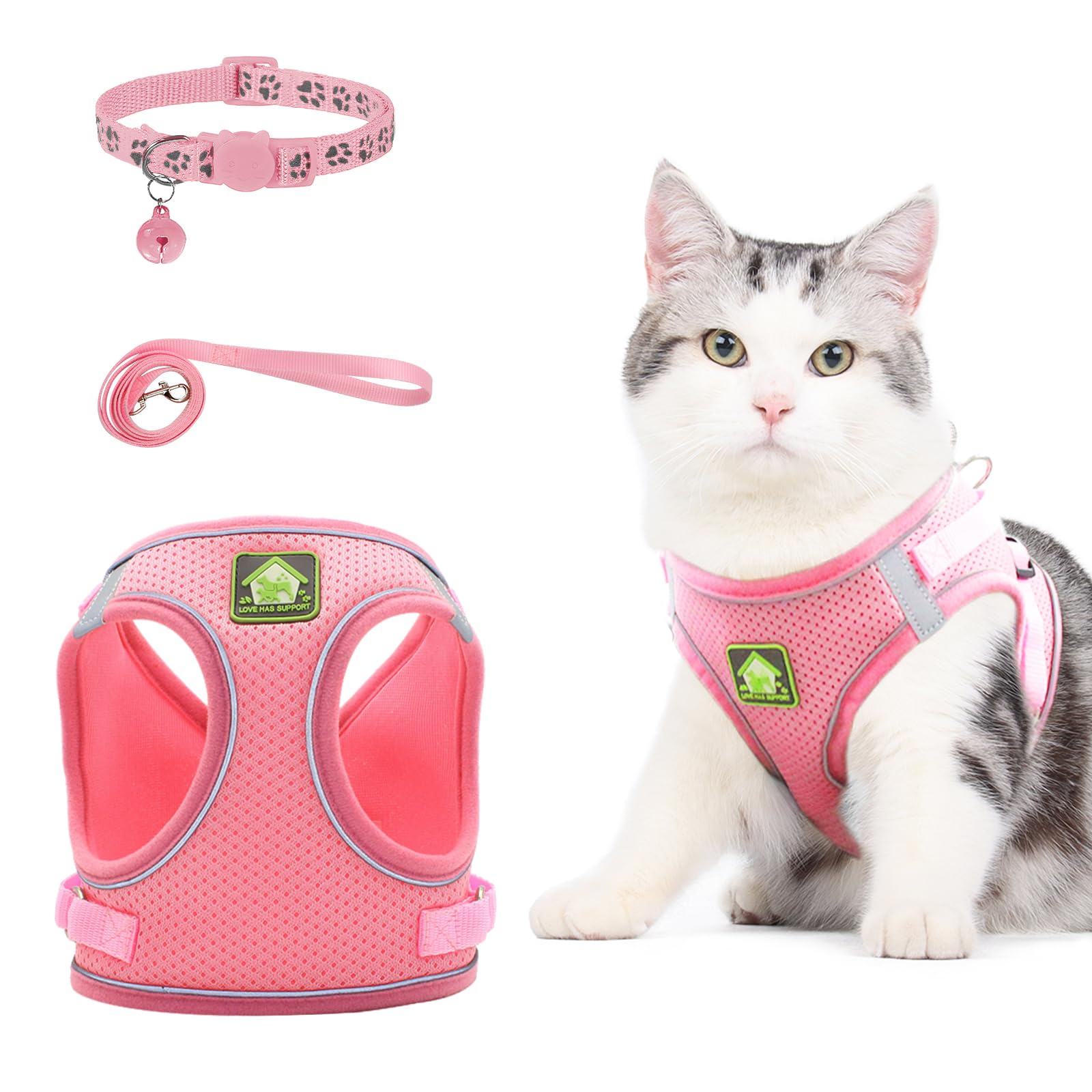 NeuWee Cat Harness and Lead Set, Escape Proof Kitten Walking Vest with Leash and Collars, Breathable Jacket with Reflective Stripe and Leash Set for Puppy Dogs Kitten Cats Walking (Pink, M)