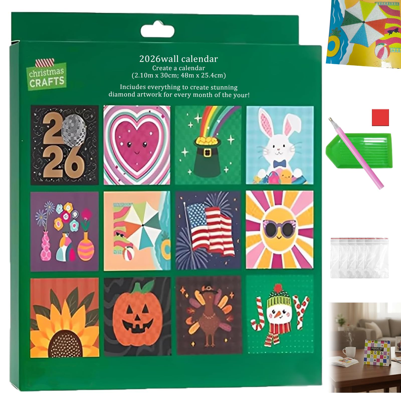 View 1 of 2026 Wall Calendar Diamond Painting Kit – DIY Diamond Art Wall Calendar with to-Do List, 12-Month Flip Planner for Home & Office Decoration