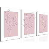 WARTHZ Pink Flower Wall Art Light Pink and White Botanical Line Pictures Wall Decor Painting Set of 3 Floral Plant Poster Canvas Print for Girl Bedroom Living Room Framed 12x16 inch