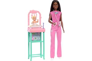 Barbie Baby Doctor with Brunette Fashion Doll Wearing Pink Scrubs, 1 Baby Doll with Accessories & Furniture