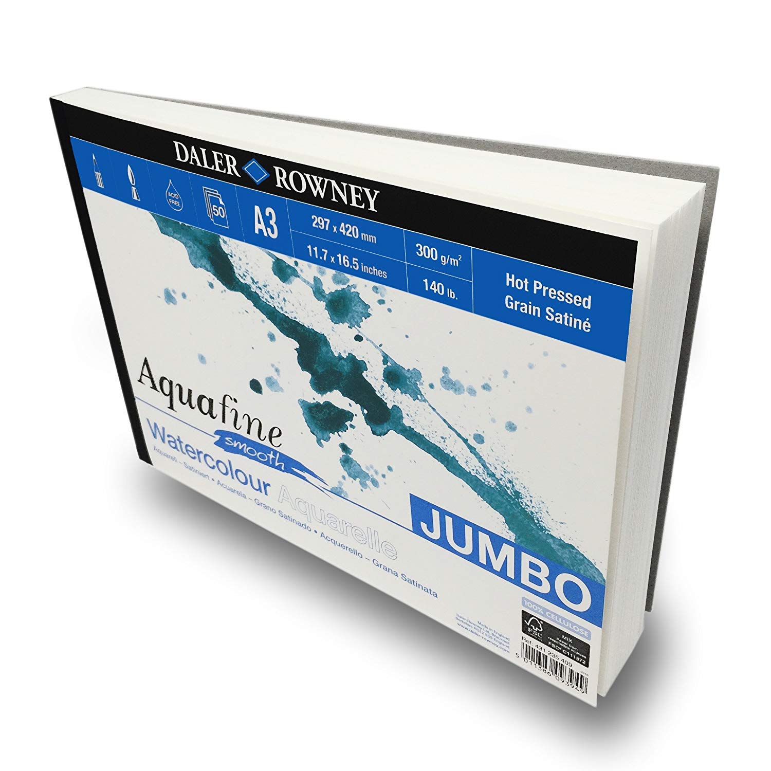 Daler Rowney - Jumbo Aquafine Smooth Watercolour Sketchbook - 300gsm - 50 Pages - A3 Landscape - Made in England