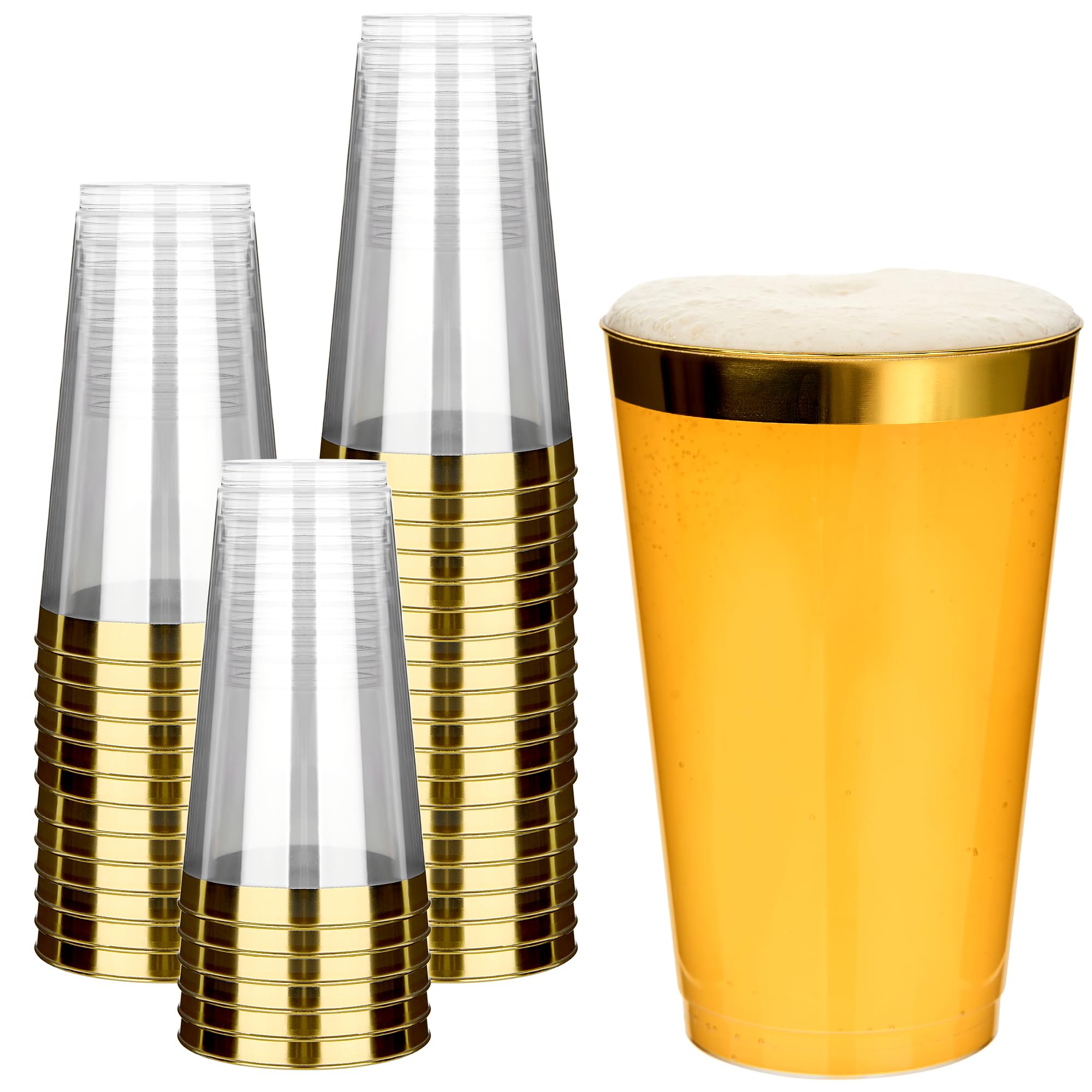 RACETOP 100 Pack 16oz Gold Rimmed Plastic Cups, Heavy Duty Disposable Glasses, Elegant Gold Rimmed Disposable Hard Cups for Party, Thanksgiving, Wine Taesting, Birthday and Christmas. Image