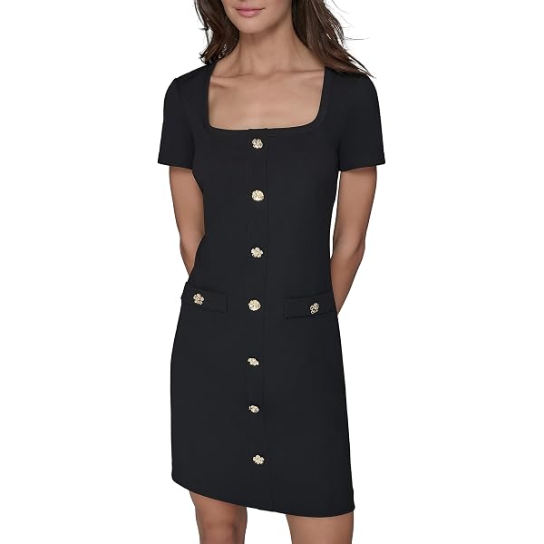 KARL LAGERFELD Paris Women's Short Sleeve Gold Button Up Knit Sheath Mini  Dress, Black/Soft White, 2 at Amazon Women's Clothing store