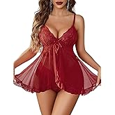 Avidlove Sexy Lingerie for Women Lace Babydoll Lingerie Dress Boudoir Lingerie V-Neck Front Open Ruffle Chemise