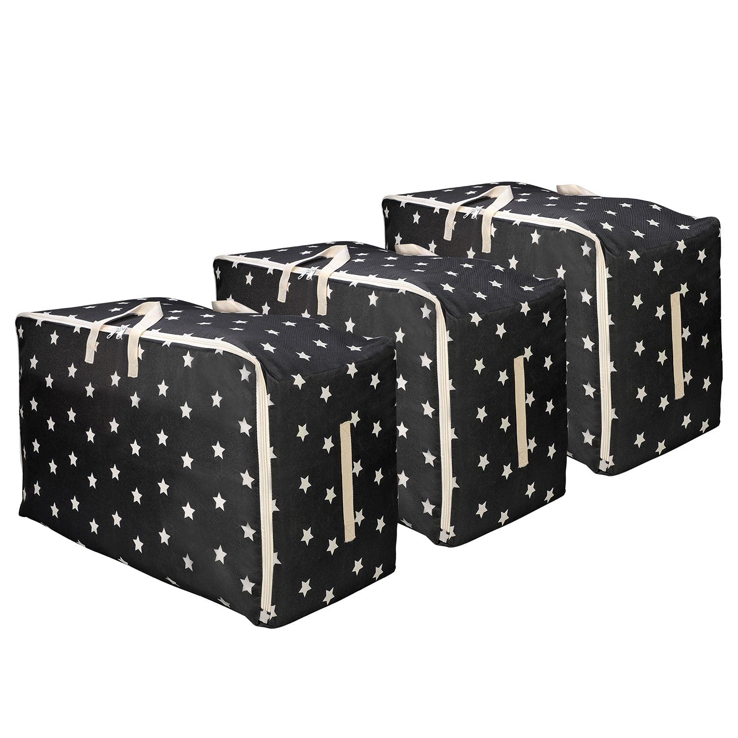 Vinsani 3pcs Clothes Storage Bags Organizer Large Capacity 105L Double Zipper, Moisture-Proof Underbed Storage Perfect Space for Clothes, Toys, Beddings, Blankets and Duvet – Black Star