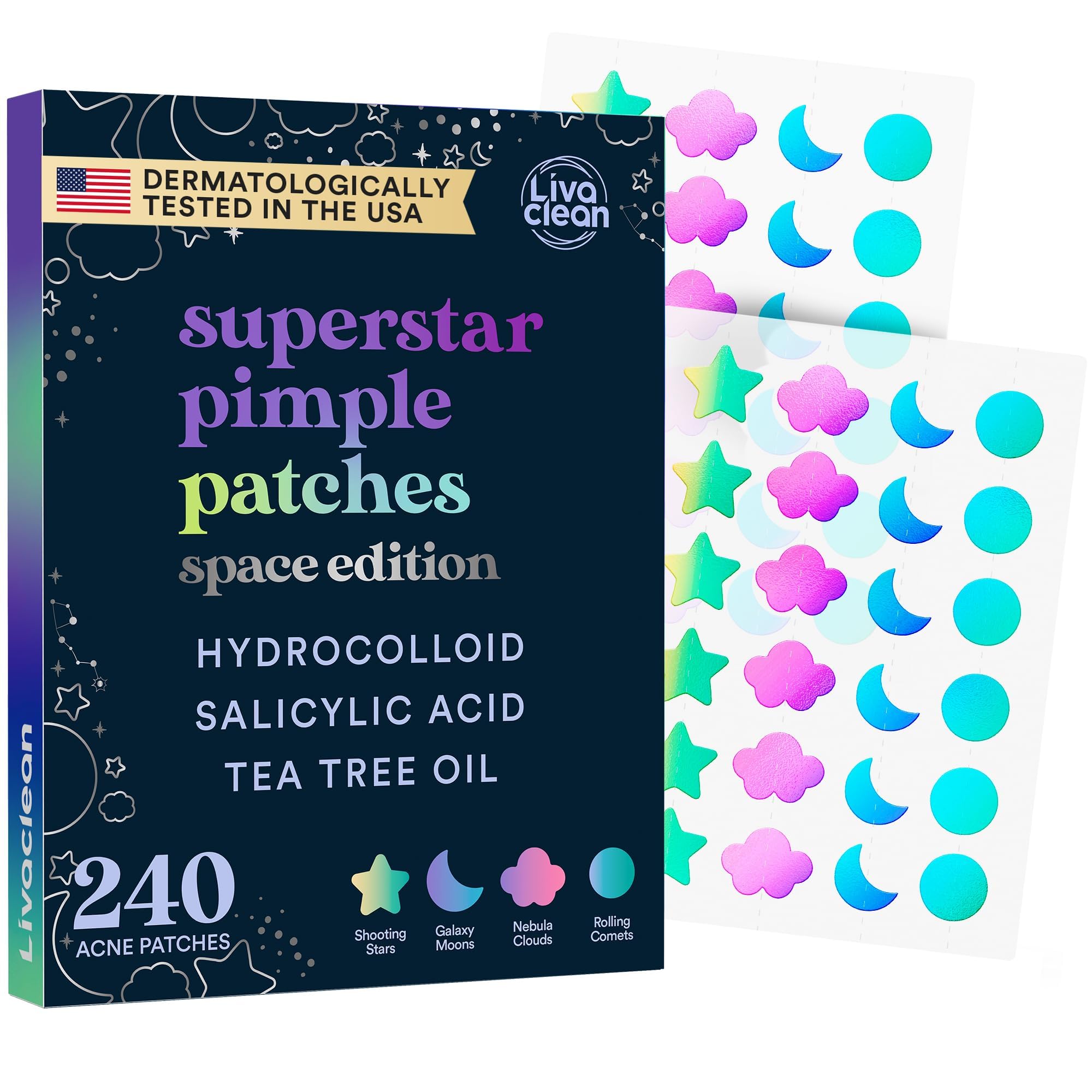 LivaClean 240 CT Holographic Cute Acne Patches - Space Edition w/Tea Tree Oil for Face - Hydrocolloid Star Pimple Patches