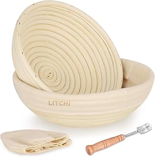 Litchi Gärkorb 2er Set + Edelstahl Bäckermesser, Gärkörbchen Set, Brotform Korb für Brot und Teig - Peddigrohr (rund, 22cm - 0,7kg und 25cm -1kg) mit Leineneinsatz, Groß, rostfrei geklammert