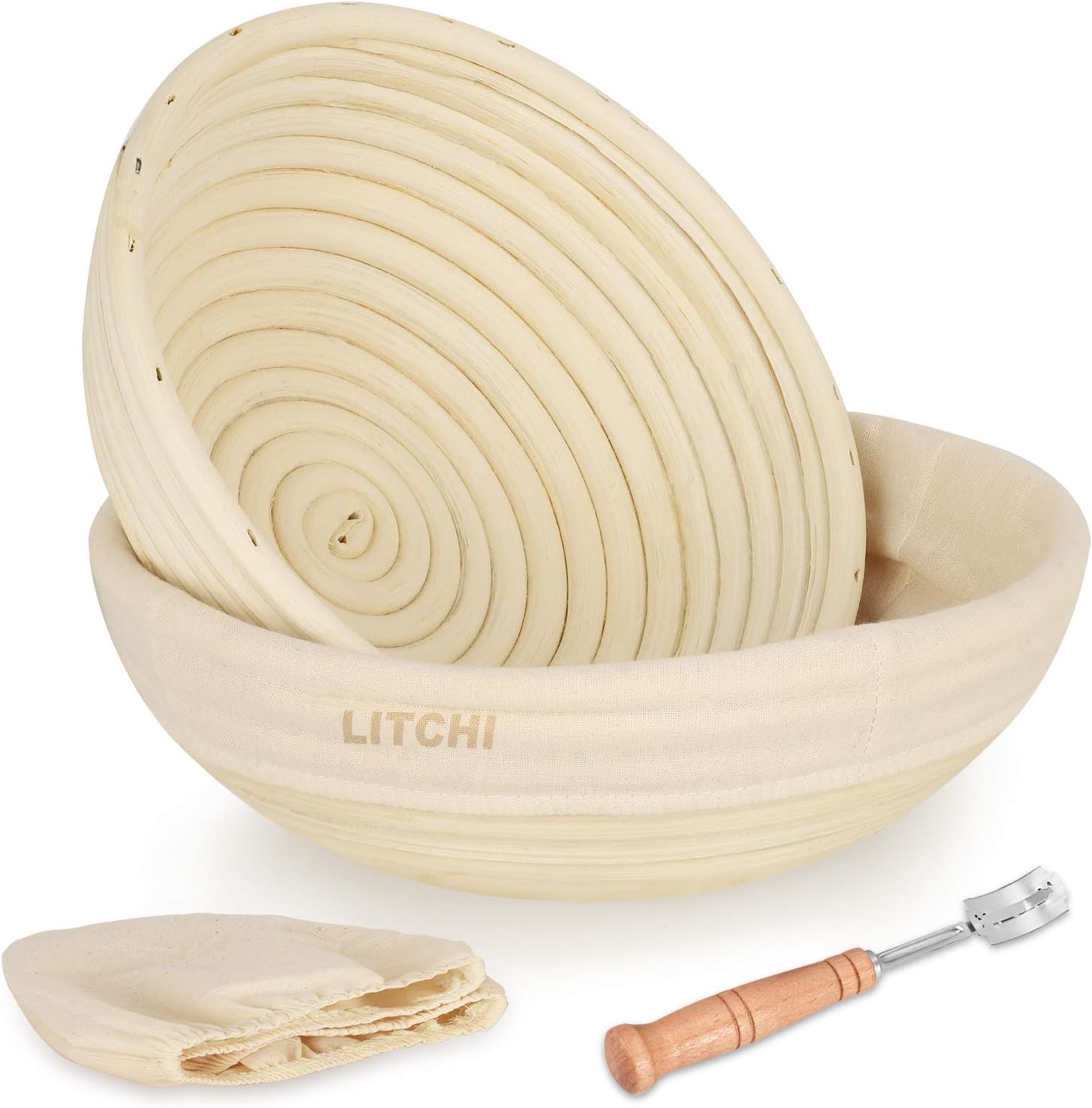 Litchi Gärkorb 2er Set + Edelstahl Bäckermesser, Gärkörbchen Set, Brotform Korb für Brot und Teig - Peddigrohr (rund, 22cm - 0,7kg und 25cm -1kg) mit Leineneinsatz, Groß, rostfrei geklammert