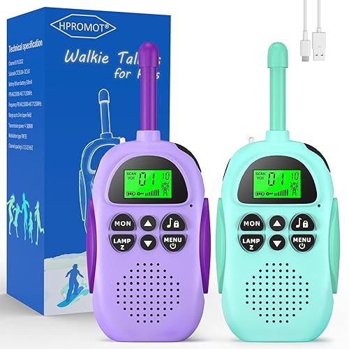 HPROMOT Walkie Talkies for Kids Rechargeable, Toys for Ages 3-12 Boys Girls, 2 Pack Handheld Long Range 2-Way Radios, Birthday Gifts,Christmas Stockings, Outdoor Camping, Family Games, Hiking