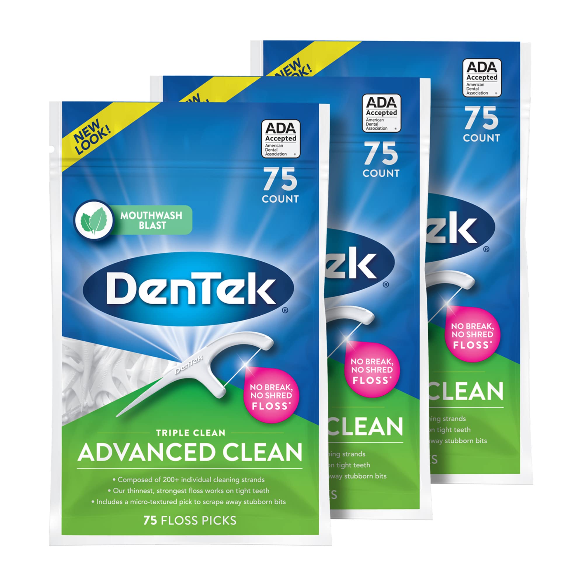 DenTek Triple Clean Advanced Clean Floss Picks, No Break & No Shred Floss, 75 Count, 3 Pack