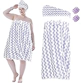 Defresit Towel Wrap for Women Plus Size-Wearable Shower Towel Wrap with Hair Towel Wristbands Closure Elastic Top Soft Adjustable Microfiber Dress Towel Spa Wraps for Women's Bathrobe（Purple Stripe）