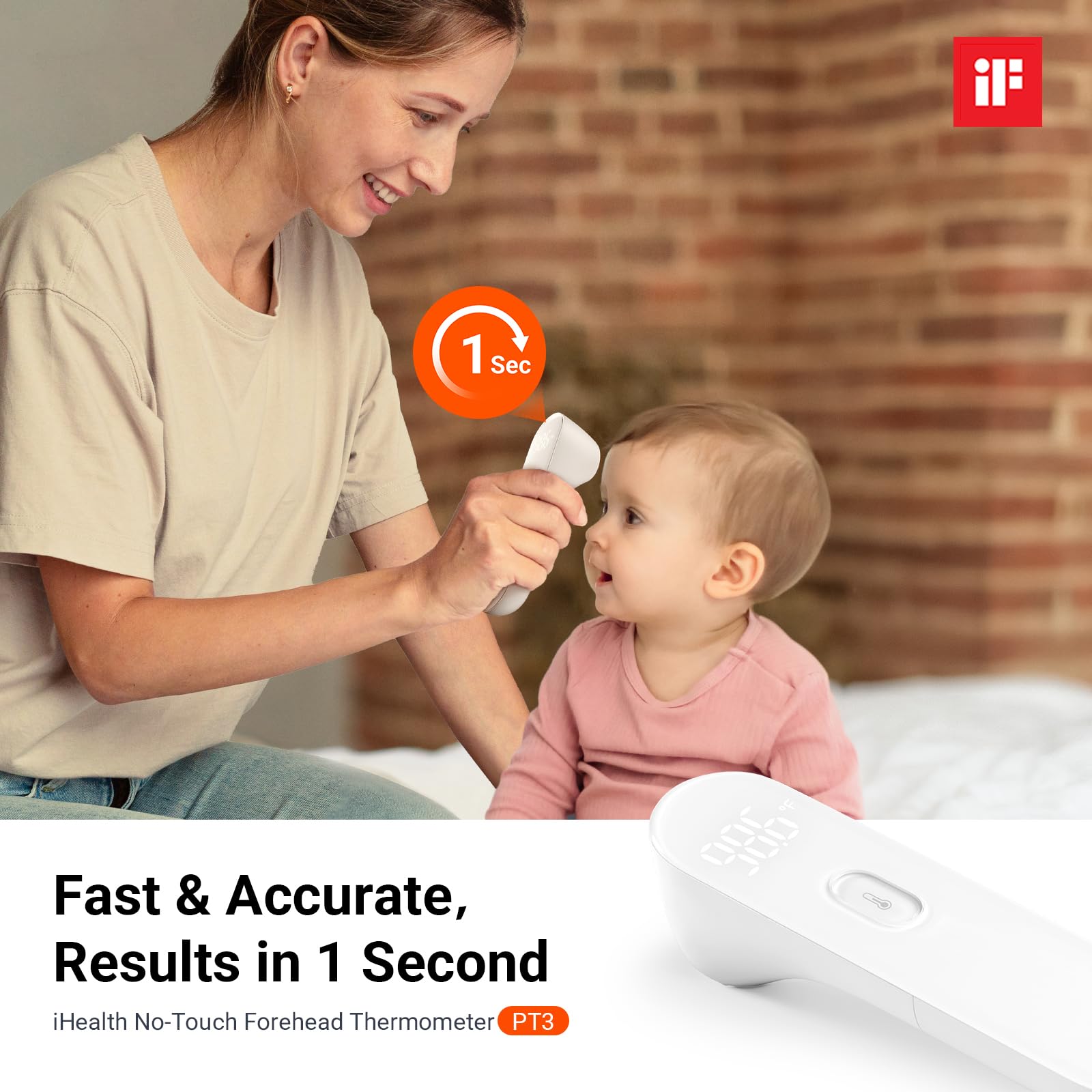 iHealth No-Touch Forehead Thermometer for Adults, Kids, Babies - 1s Fast Accurate, 3 Ultra-Sensitive Sensors, Quiet Vibration Feedback, Digital Large LED Digits, Easy to Use for Home & Nurses, PT3
