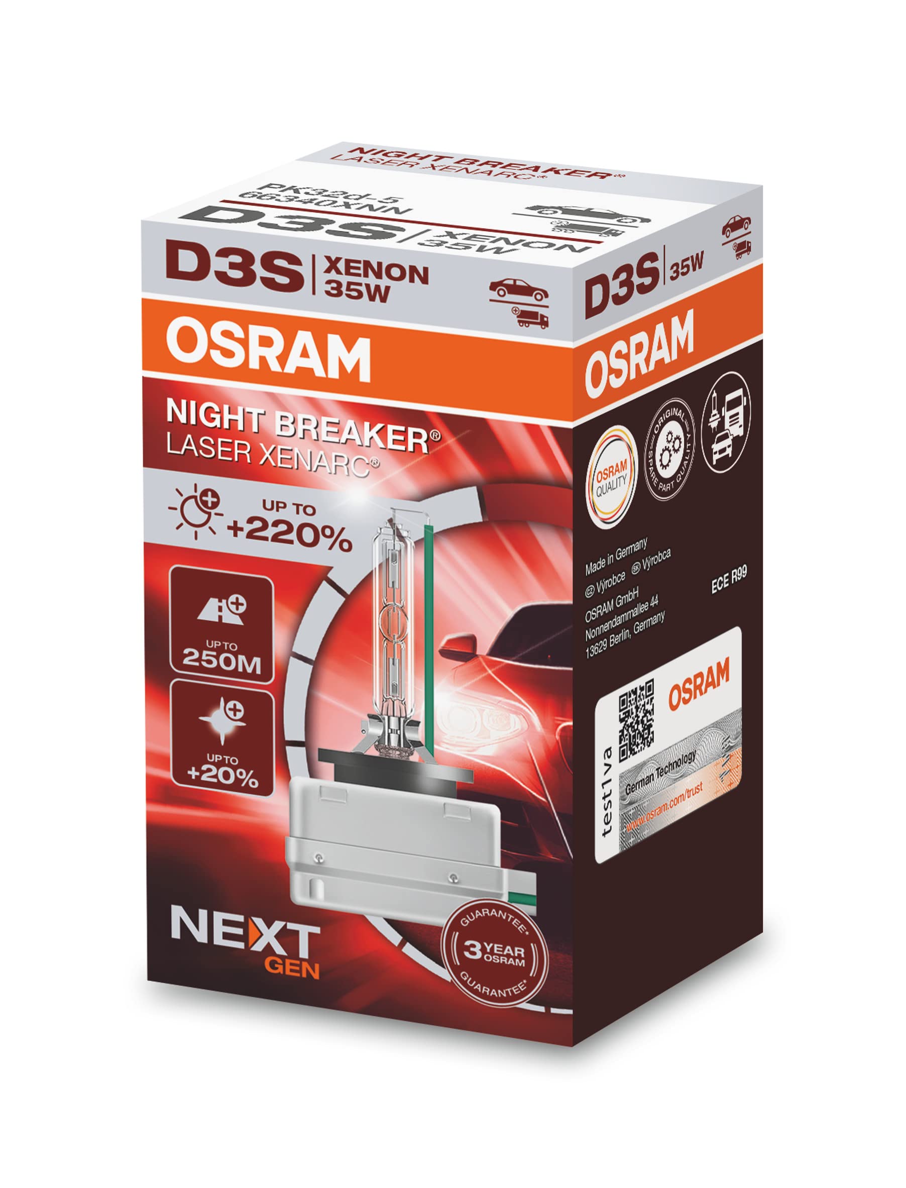Ampoules Xénon OSRAM NIGHT BREAKER 220 D3S - +220% Luminosité - Blanc Intense - Lot De 2 - Pour Phares Voiture